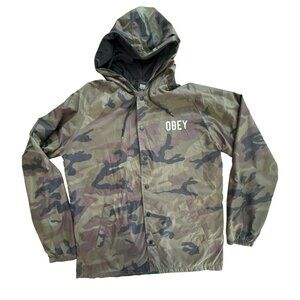 Obey Worldwide Camo Windbreaker Jacket Mens Large Hooded Snap Front Streetwear